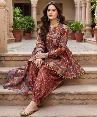 Maroon floral printed cotton kurta set 4
