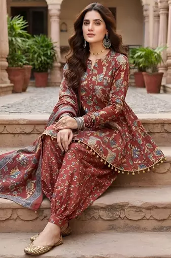 Maroon floral printed cotton kurta set