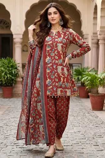 Maroon floral printed cotton kurta set