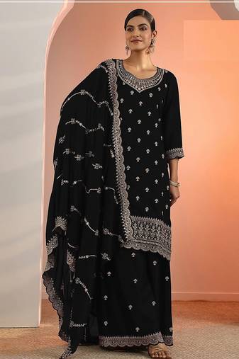 Black georgette floral print semi stitched salwar suits