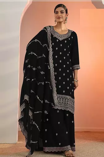 Black georgette floral print semi stitched salwar suits