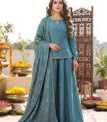 Blue hand embroidered silk blend kurta set
