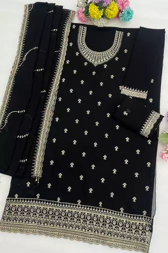 Black georgette floral print semi stitched salwar suits