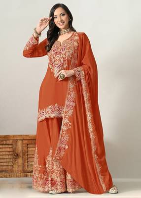 Rust orange silk blend floral print semi stitched salwar suits 1