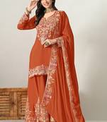 Rust orange silk blend floral print semi stitched salwar suits