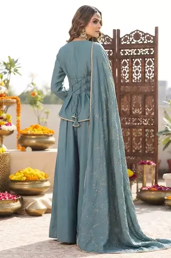 Blue hand embroidered silk blend kurta set