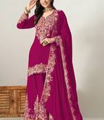 Rani pink silk blend floral print semi stitched salwar suits