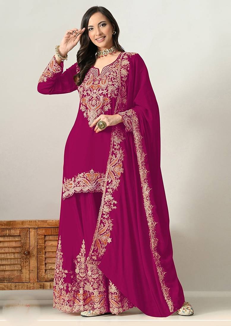 Rani pink silk blend floral print semi stitched salwar suits