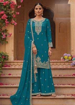 Teal faux georgette zari work semi stitched salwar suits 1