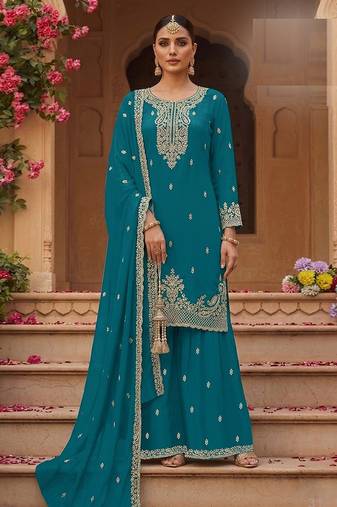 Teal faux georgette zari work semi stitched salwar suits