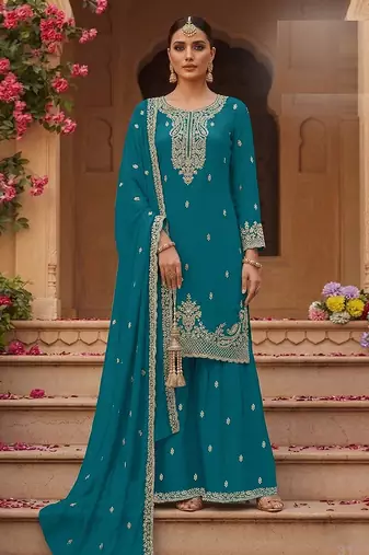 Teal faux georgette zari work semi stitched salwar suits