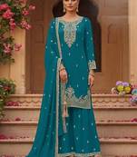 Teal faux georgette zari work semi stitched salwar suits
