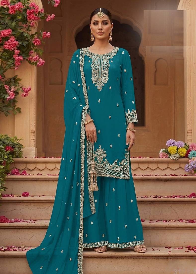 Teal faux georgette zari work semi stitched salwar suits