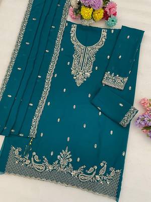 Teal faux georgette zari work semi stitched salwar suits 2