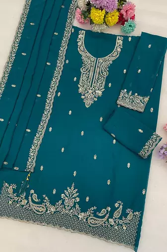 Teal faux georgette zari work semi stitched salwar suits