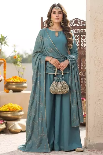Blue hand embroidered silk blend kurta set