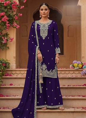 Purple faux georgette zari work semi stitched salwar suits 1