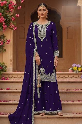 Purple faux georgette zari work semi stitched salwar suits