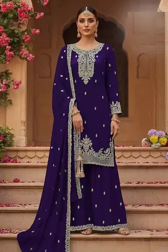 Purple faux georgette zari work semi stitched salwar suits