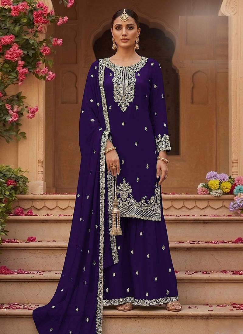 Purple faux georgette zari work semi stitched salwar suits