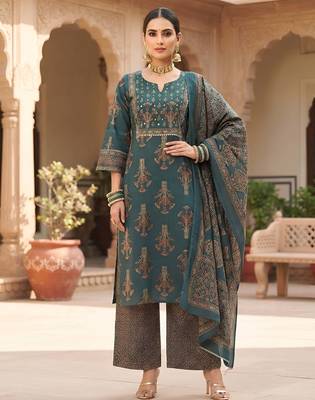 Teal floral printed cotton kurta set 1