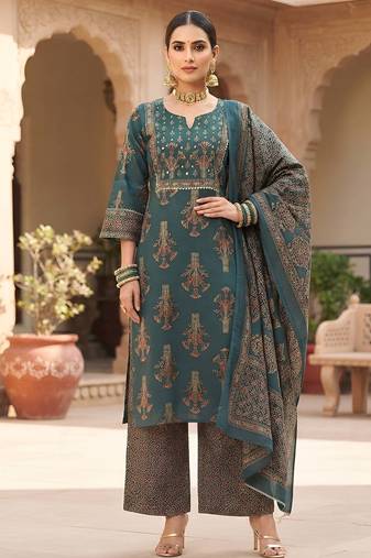 Teal floral printed cotton kurta set