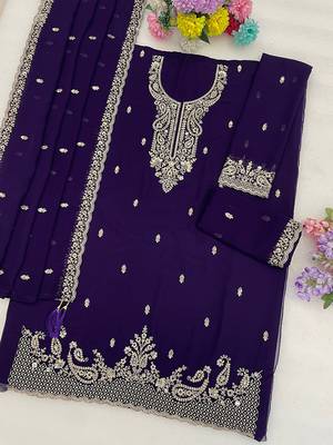 Purple faux georgette zari work semi stitched salwar suits 2