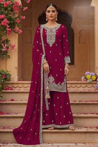 Rani pink faux georgette zari work semi stitched salwar suits
