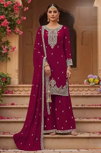 Rani pink faux georgette zari work semi stitched salwar suits