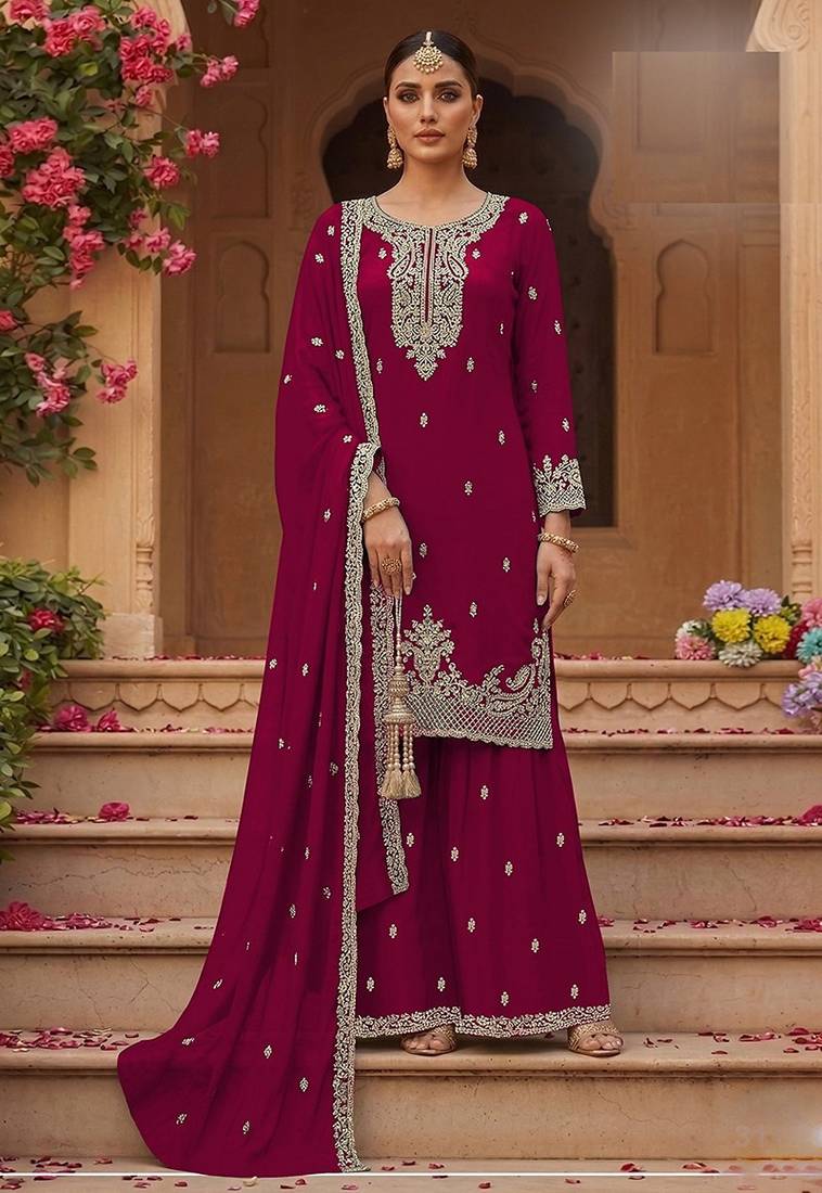 Rani pink faux georgette zari work semi stitched salwar suits