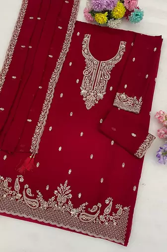 Rani pink faux georgette zari work semi stitched salwar suits