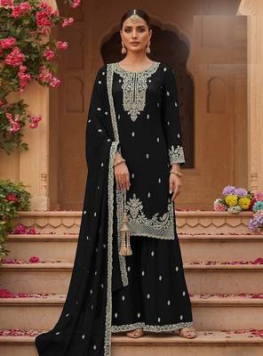 Black faux georgette zari work semi stitched salwar suits 1