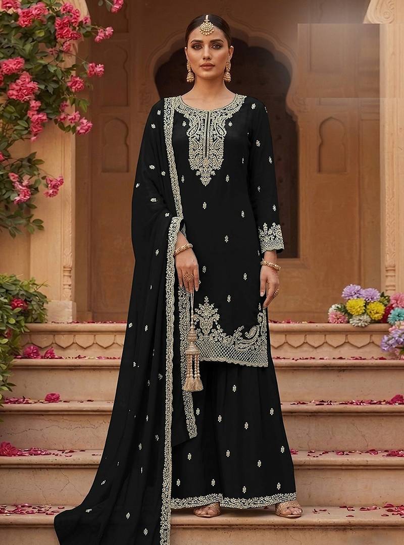 Black faux georgette zari work semi stitched salwar suits