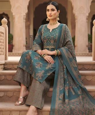 Teal floral printed cotton kurta set 3