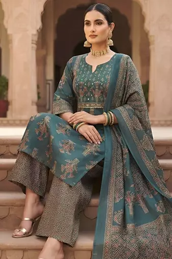 Teal floral printed cotton kurta set