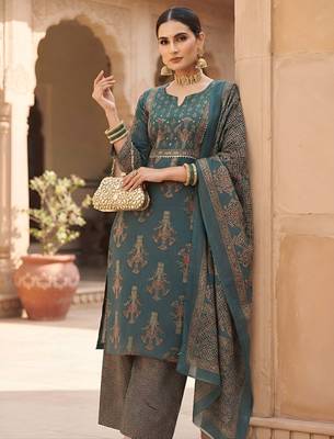 Teal floral printed cotton kurta set 4