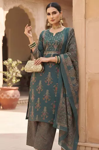 Teal floral printed cotton kurta set