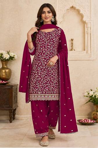 Rani pink faux georgette sequins work semi stitched salwar suits