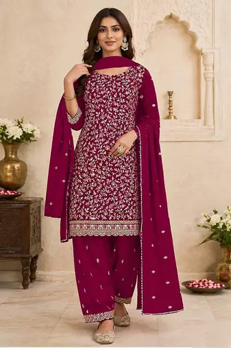 Rani pink faux georgette sequins work semi stitched salwar suits