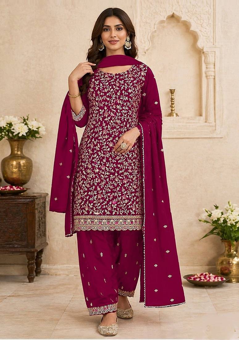 Rani pink faux georgette sequins work semi stitched salwar suits