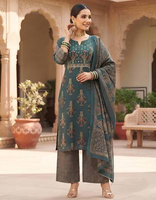 Teal floral printed cotton kurta set 5