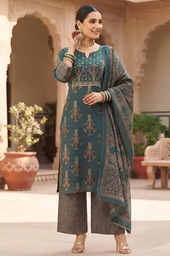 Teal floral printed cotton kurta set