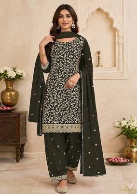 Olive green faux georgette sequins work semi stitched salwar suits 1