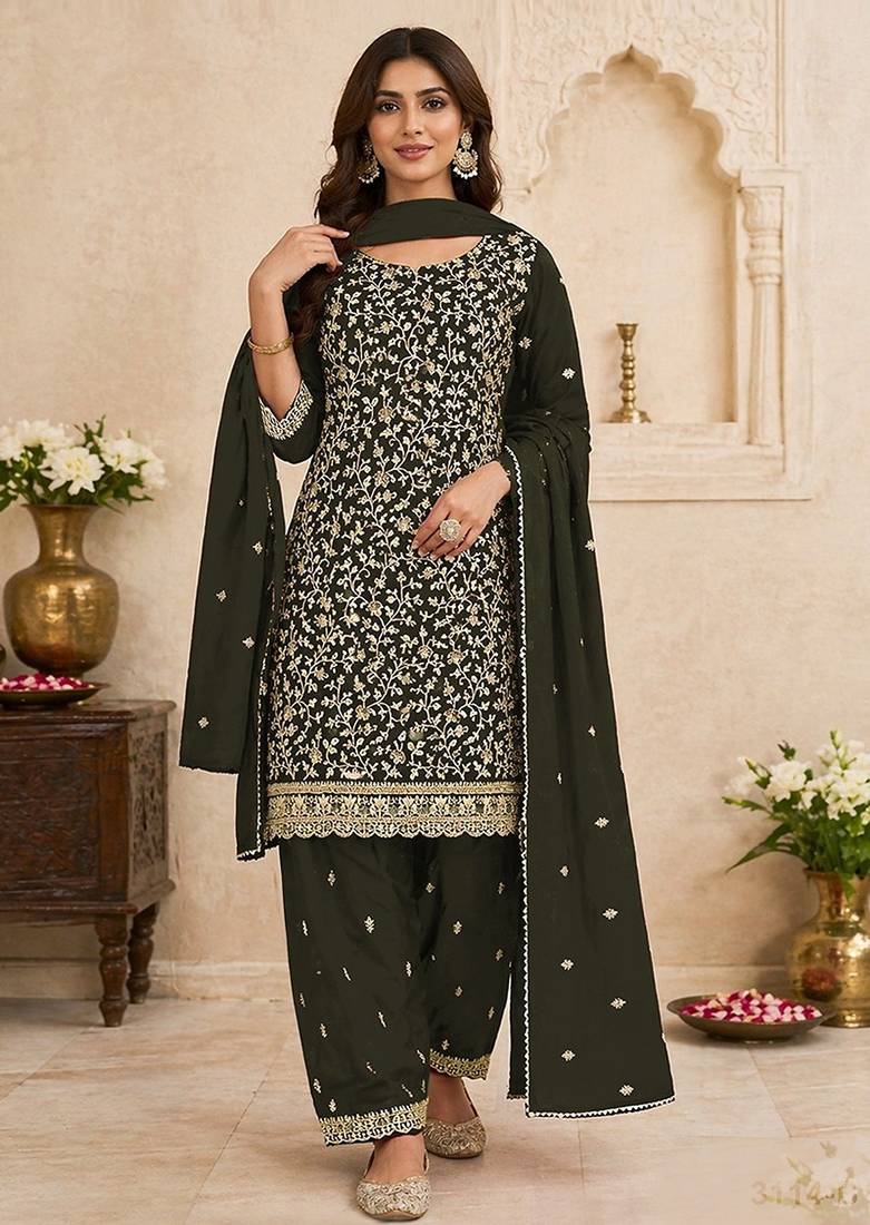 Olive green faux georgette sequins work semi stitched salwar suits