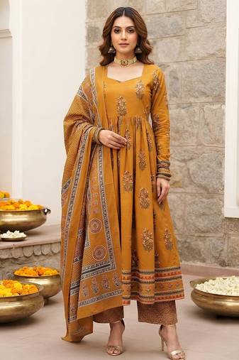 Mustard floral printed cotton kurta set