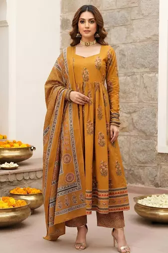 Mustard floral printed cotton kurta set