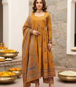 Mustard floral printed cotton kurta set