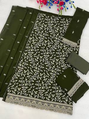 Olive green faux georgette sequins work semi stitched salwar suits 2