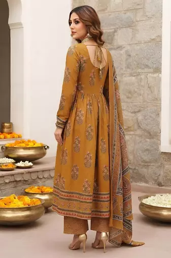Mustard floral printed cotton kurta set