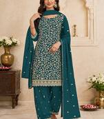 Teal faux georgette sequins work semi stitched salwar suits